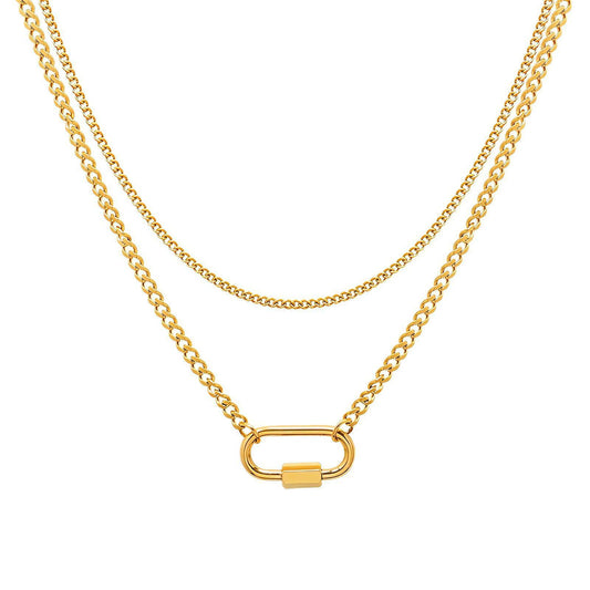A gold waterproof necklace with a double-layered chain design and a clasp, displayed against a white background.