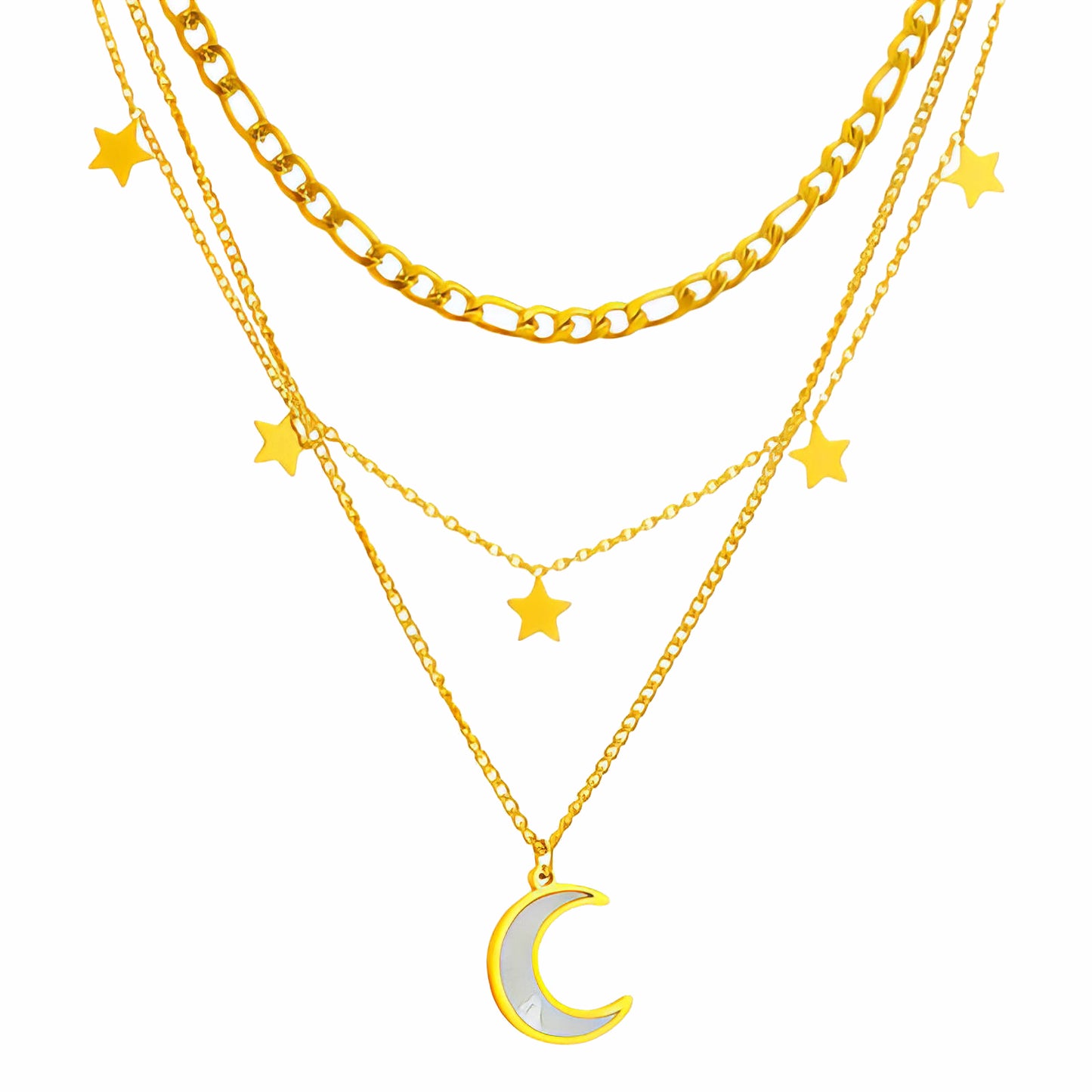 Crescent And Star Layer Necklace- Waterproof Jewelry