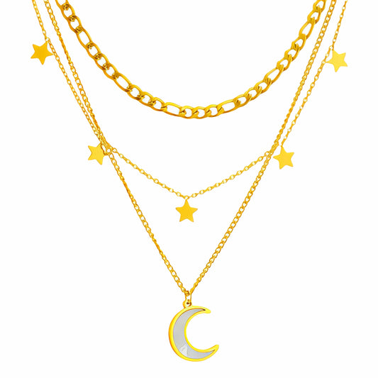 Crescent And Star Layer Necklace- Waterproof Jewelry