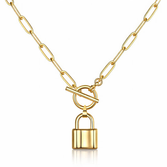 Gold necklace with a padlock pendant on a white background, with toggle clasp