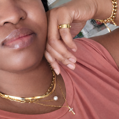 18k gold waterproof layering necklace on model