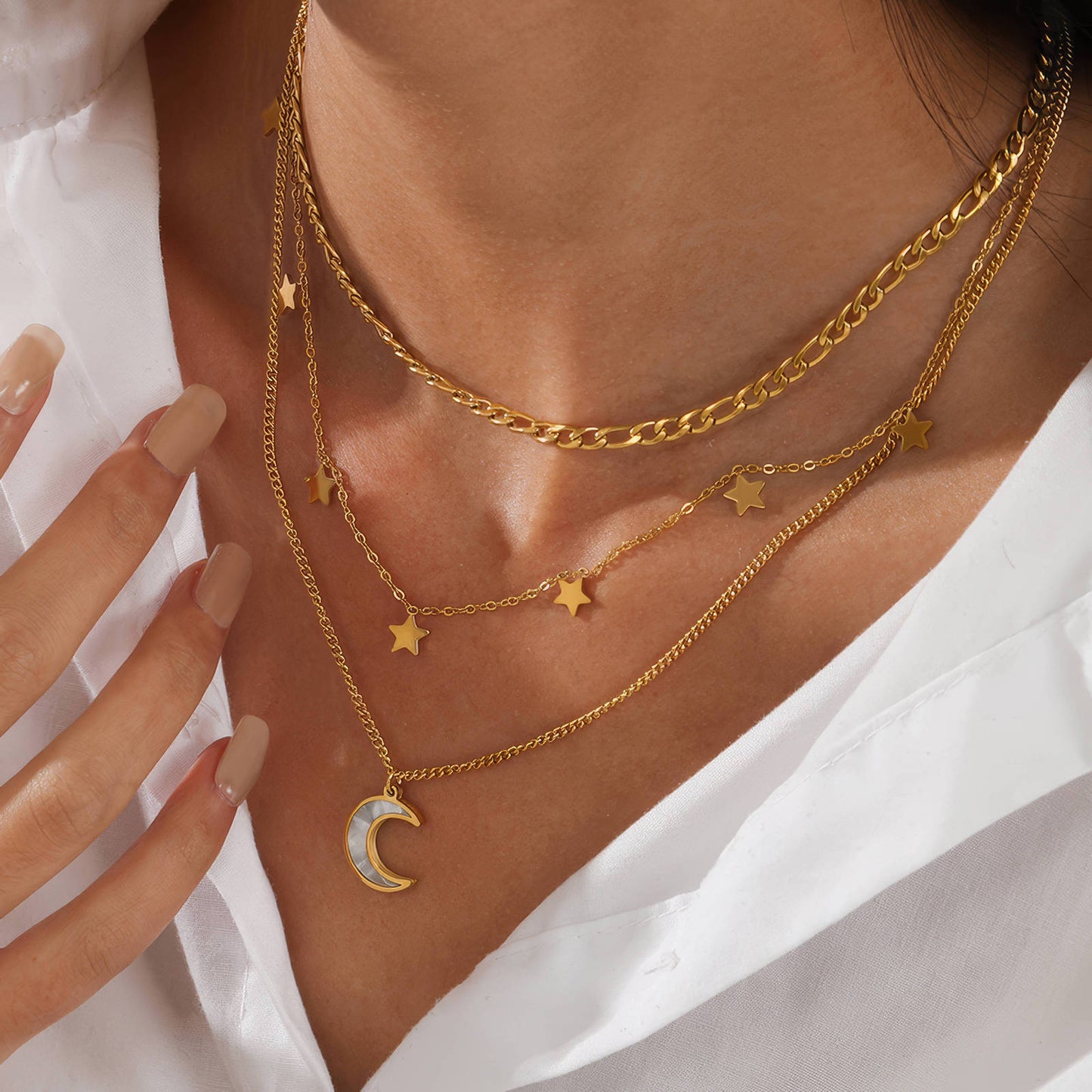 Crescent And Star Layer Necklace- Waterproof Jewelry