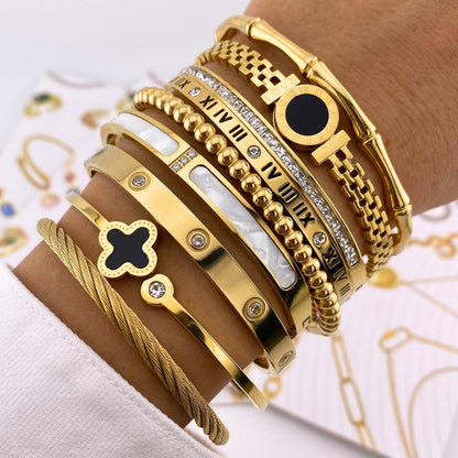 Tarnish-resistant gold bracelet stack on model 