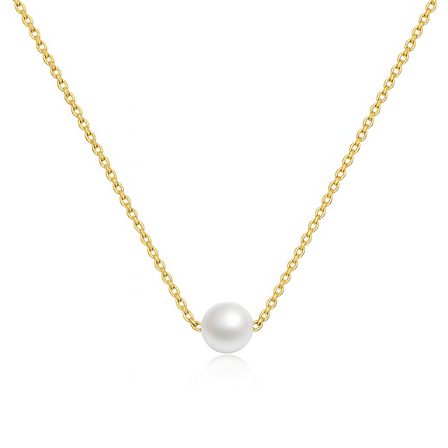 Gold necklace with a single pearl pendant on a white background