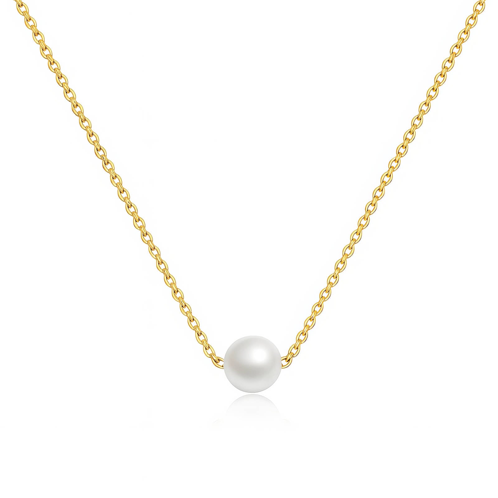 Gold necklace with a single pearl pendant on a white background