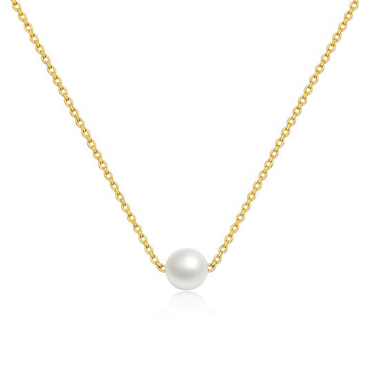 Gold necklace with a single pearl pendant on a white background