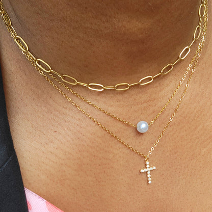 Minimal 18k gold waterproof layering necklace on model